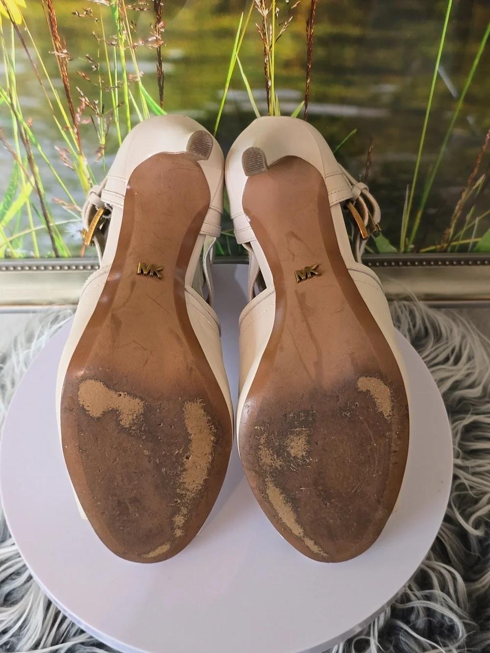 Michael Kors Beige Leather Peep Toe Bootie Heels Size 7 Strappy 4” Heel EUC - Picture 6 of 11